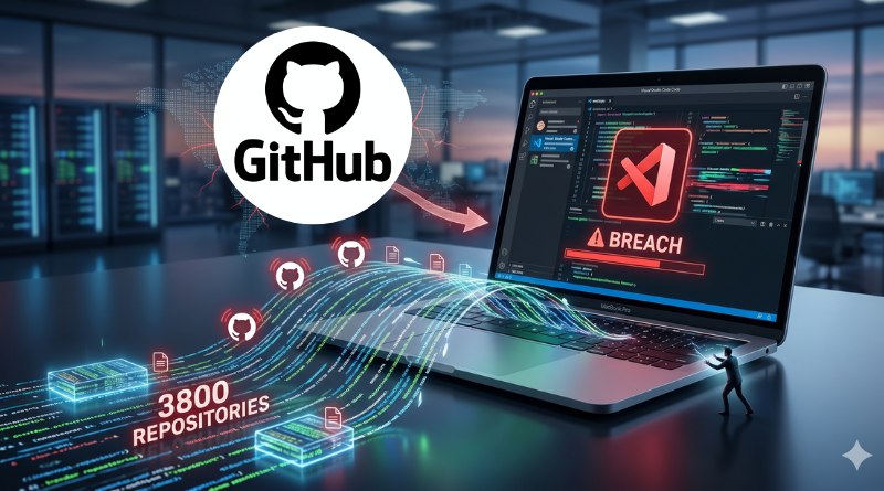 GitHub logo flowing into a laptop screen showing a large 'BREACH' warning in the code editor.