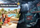 Split scene: a cheerful family at a vacation resort on the left with a 'Data breach' banner, and a masked hacker stealing data in a dark room on the right.