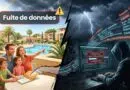 Split scene: a cheerful family at a vacation resort on the left with a 'Data breach' banner, and a masked hacker stealing data in a dark room on the right.