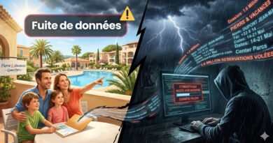 Split scene: a cheerful family at a vacation resort on the left with a 'Data breach' banner, and a masked hacker stealing data in a dark room on the right.