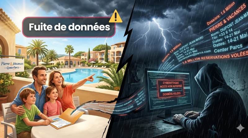 Split scene: a cheerful family at a vacation resort on the left with a 'Data breach' banner, and a masked hacker stealing data in a dark room on the right.