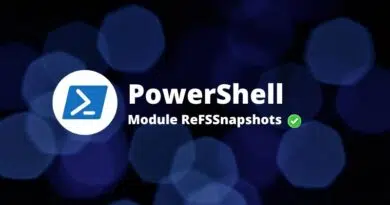 PowerShell logo with the text 'PowerShell Module ReFSsnapshots' on a dark blue bokeh background