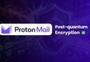 ProtonMail logo with 'Post-quantum Encryption' on a purple tech background.