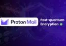 ProtonMail logo with 'Post-quantum Encryption' on a purple tech background.