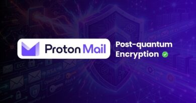ProtonMail logo with 'Post-quantum Encryption' on a purple tech background.