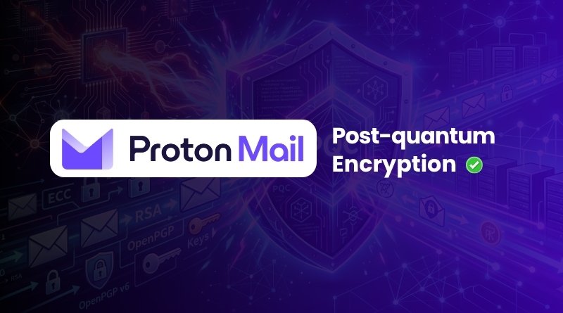 ProtonMail logo with 'Post-quantum Encryption' on a purple tech background.