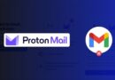 Proton Mail logo on blue gradient background with a crossed-out Gmail icon to the right.