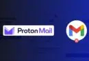 Proton Mail logo on blue gradient background with a crossed-out Gmail icon to the right.