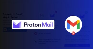 Proton Mail logo on blue gradient background with a crossed-out Gmail icon to the right.