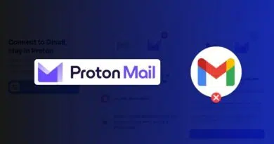 Proton Mail logo on blue gradient background with a crossed-out Gmail icon to the right.