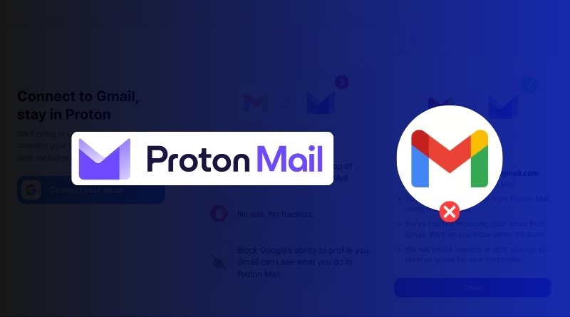 Proton Mail logo on blue gradient background with a crossed-out Gmail icon to the right.