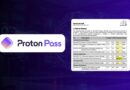 Proton Pass logo on a rounded white card with a document screenshot to the right on a purple tech backdrop.