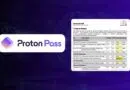Proton Pass logo on a rounded white card with a document screenshot to the right on a purple tech backdrop.