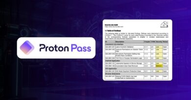 Proton Pass logo on a rounded white card with a document screenshot to the right on a purple tech backdrop.