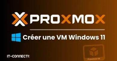 Proxmox logo with the French text 'Créer une VM Windows 11' and a Windows logo (IT-Connect watermark).