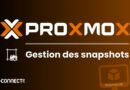 Proxmox branding banner with the text 'Gestion des snapshots' on a brown gradient background and small white icons nearby (IT-Connect.fr watermark).