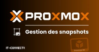 Proxmox branding banner with the text 'Gestion des snapshots' on a brown gradient background and small white icons nearby (IT-Connect.fr watermark).