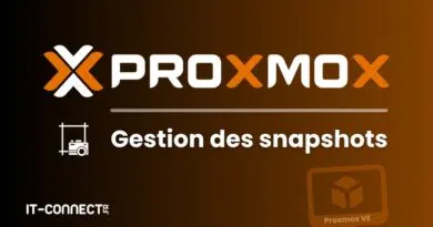 Proxmox branding banner with the text 'Gestion des snapshots' on a brown gradient background and small white icons nearby (IT-Connect.fr watermark).