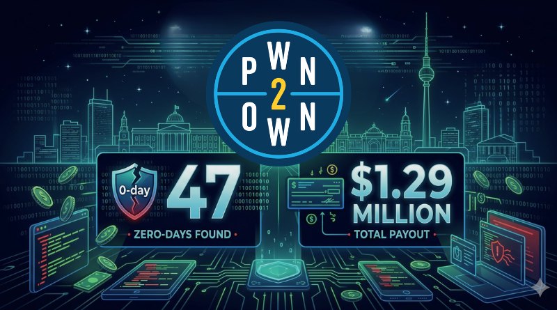Pwn2Own logo above a neon cityscape; banner shows '0-day: 47 found' and '$1.29 million total payout'.