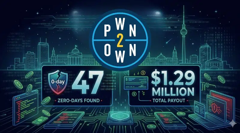 Pwn2Own logo above a neon cityscape; banner shows '0-day: 47 found' and '$1.29 million total payout'.