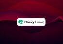 Rocky Linux logo centered on a white rounded rectangle with a green emblem, set against a dark red to purple abstract background.
