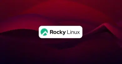 Rocky Linux logo centered on a white rounded rectangle with a green emblem, set against a dark red to purple abstract background.