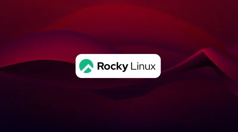 Rocky Linux logo centered on a white rounded rectangle with a green emblem, set against a dark red to purple abstract background.