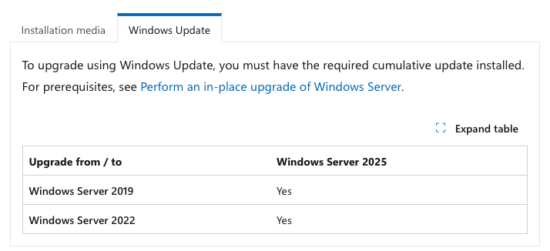 Windows Server 2025 Upgrade via Windows Update Guide