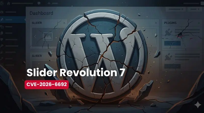 Hero banner showing the WordPress logo shattered, announcing 'Slider Revolution 7' and the CVE-2026-6692 vulnerability.