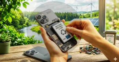 Hands replace a smartphone battery on a wooden table outdoors, with wind turbines and solar panels in the green background.
