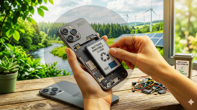 Hands replace a smartphone battery on a wooden table outdoors, with wind turbines and solar panels in the green background.