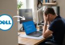 Dell logo beside a frustrated man at a home desk, looking at a laptop with a blue error screen