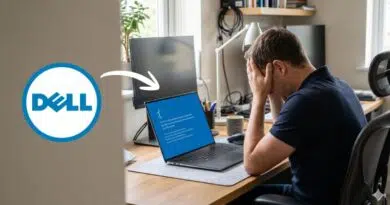 Dell logo beside a frustrated man at a home desk, looking at a laptop with a blue error screen