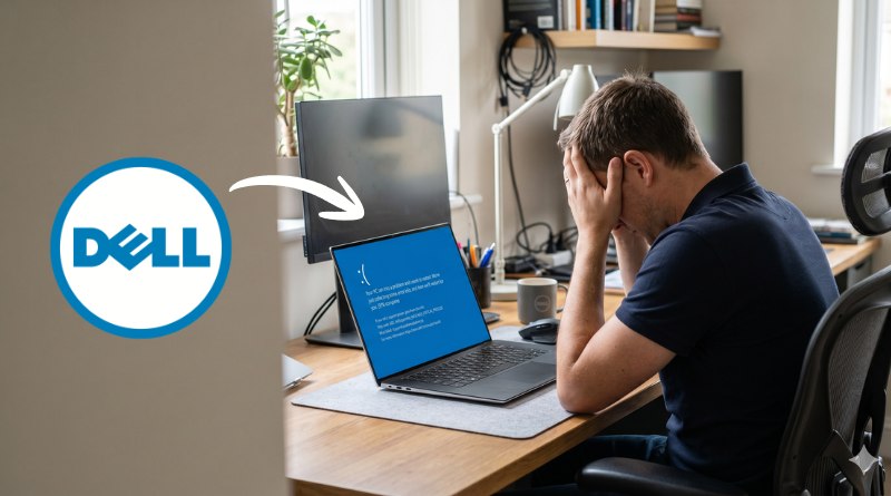 Dell logo beside a frustrated man at a home desk, looking at a laptop with a blue error screen