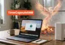 Laptop on a wooden desk with a TimeCapsuleSMB orange banner and a glowing phoenix behind it in a home office setting.