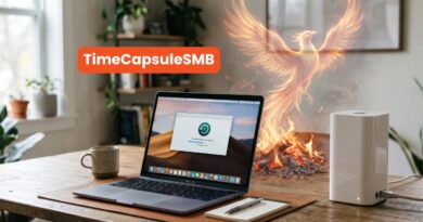 Laptop on a wooden desk with a TimeCapsuleSMB orange banner and a glowing phoenix behind it in a home office setting.