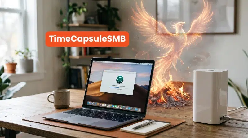 Laptop on a wooden desk with a TimeCapsuleSMB orange banner and a glowing phoenix behind it in a home office setting.