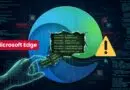 Edge logo with a torn reveal showing user credentials and a warning symbol, suggesting a security breach or credential leak