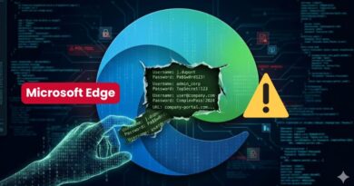 Edge logo with a torn reveal showing user credentials and a warning symbol, suggesting a security breach or credential leak