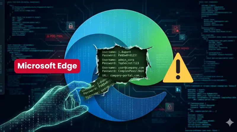 Edge logo with a torn reveal showing user credentials and a warning symbol, suggesting a security breach or credential leak