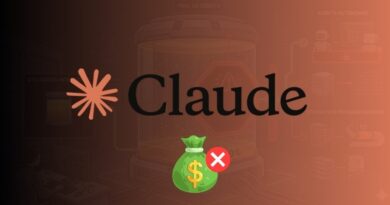 Claude logo on a dark gradient background with a crossed-out money bag icon in front, implying no fees or money restriction.