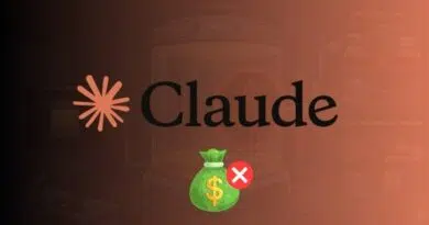 Claude logo on a dark gradient background with a crossed-out money bag icon in front, implying no fees or money restriction.