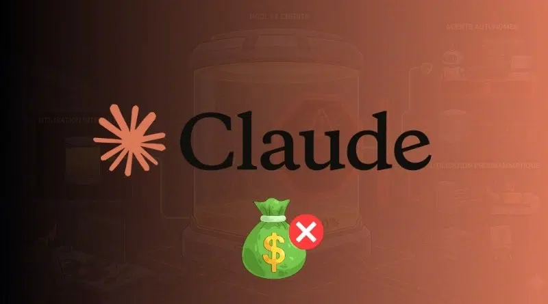 Claude logo on a dark gradient background with a crossed-out money bag icon in front, implying no fees or money restriction.