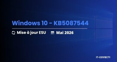 Slide about Windows 10 update KB5087544 (Mise à jour ESU, Mai 2026) with IT-Connect logo