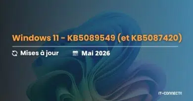 Windows 11 update banner: KB5089549 and KB5087420, 'Mises à jour' & 'Mai 2026', IT-Connect logo bottom right.