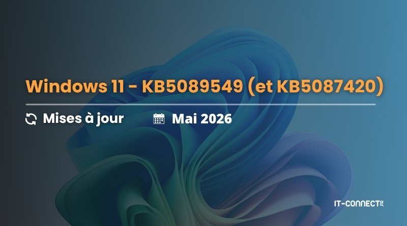 Windows 11 update banner: KB5089549 and KB5087420, 'Mises à jour' & 'Mai 2026', IT-Connect logo bottom right.