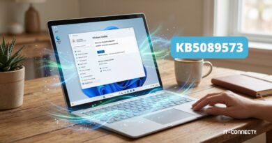 Laptop displaying Windows Update dialog on a silver laptop, with a prominent KB5089573 badge and a glowing blue aura around the screen.