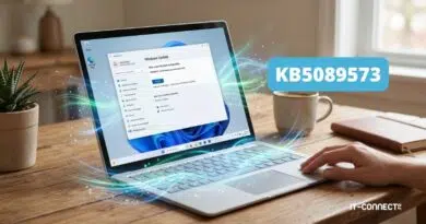 Laptop displaying Windows Update dialog on a silver laptop, with a prominent KB5089573 badge and a glowing blue aura around the screen.