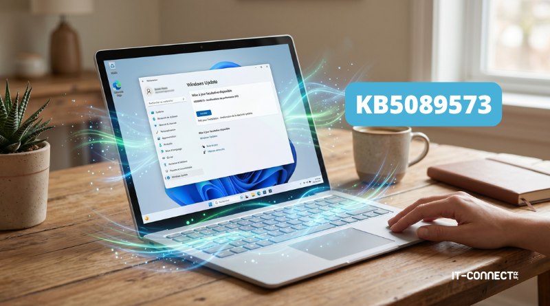 Laptop displaying Windows Update dialog on a silver laptop, with a prominent KB5089573 badge and a glowing blue aura around the screen.