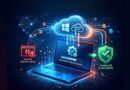 Futuristic laptop connected to a glowing cloud with 'restauration en cours…' and a red 'pilote défectueux' alert, plus a green security shield.
